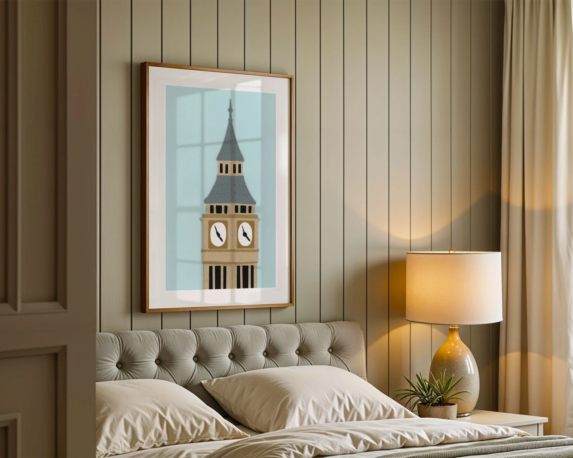 Big Ben art print hanging above bed