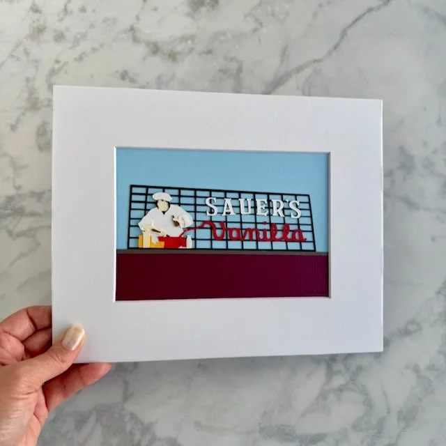 C.F. Sauer's Sign 5x7 original paper illustration in an 8x10 mat, held in a woman's hand for size