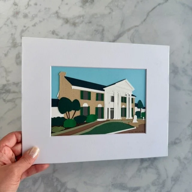 Graceland 5x7 original paper illustration in an 8x10 mat, held in a woman's hand for size