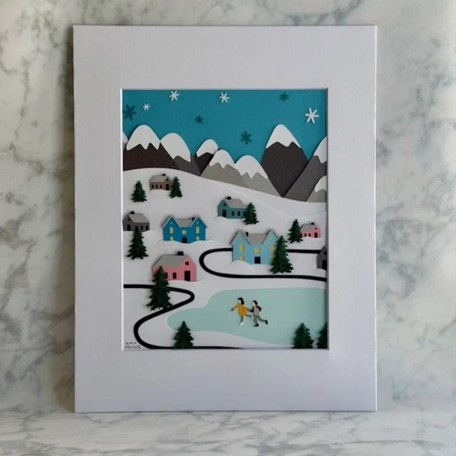 Layered paper evergreen trees with dozens of tiny cut branches in the Winter Wonderland illustration