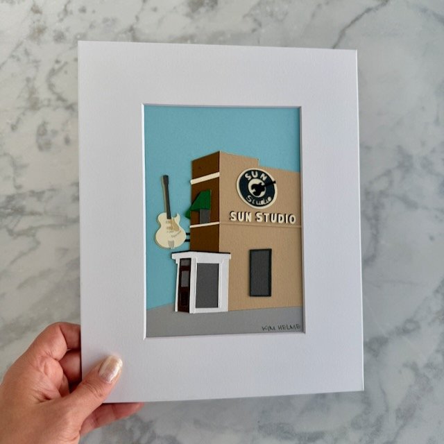 Sun Studio 5x7 original paper illustration in an 8x10 mat, held in woman's hand for size