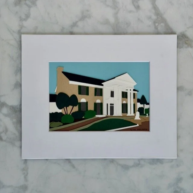 Graceland original layered paper illustration in a white mat, Memphis home with white columns and muted green landscaping