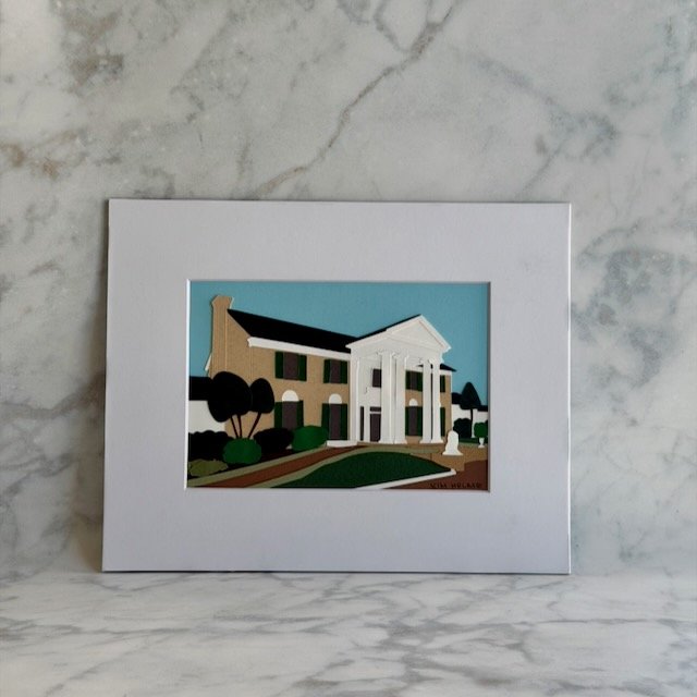 Graceland porch in layered paper, white columns casting small shadows between the paper layers