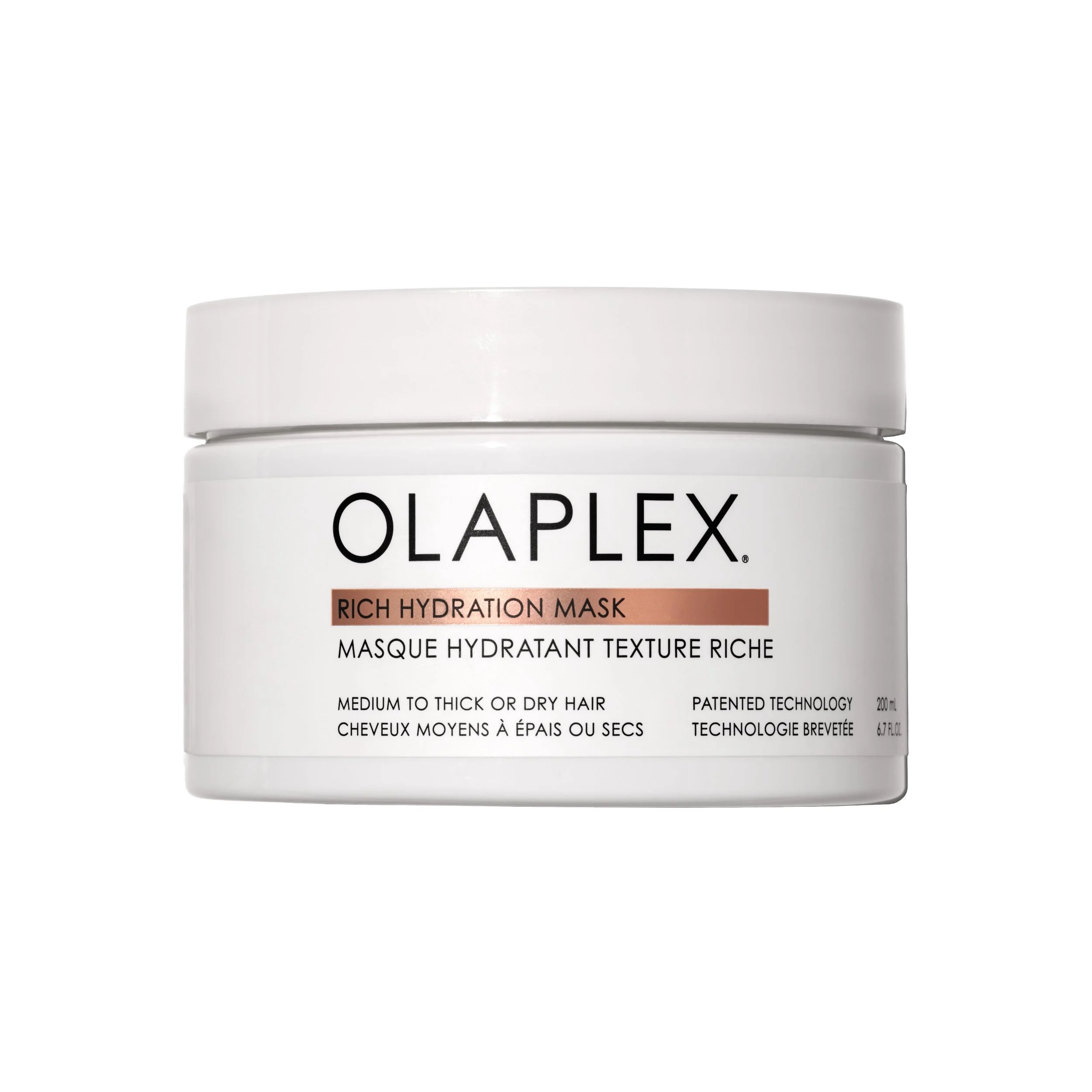 Pot de masque hydratant riche d'Olaplex, pour cheveux moyens à épais ou secs, avec un couvercle blanc.