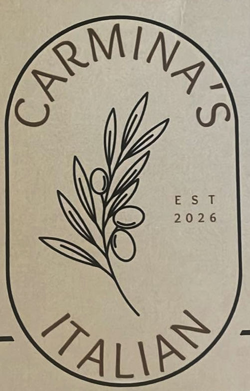 Logo for Carmina's Italian, featuring an olive branch illustration and establishment year 2026.