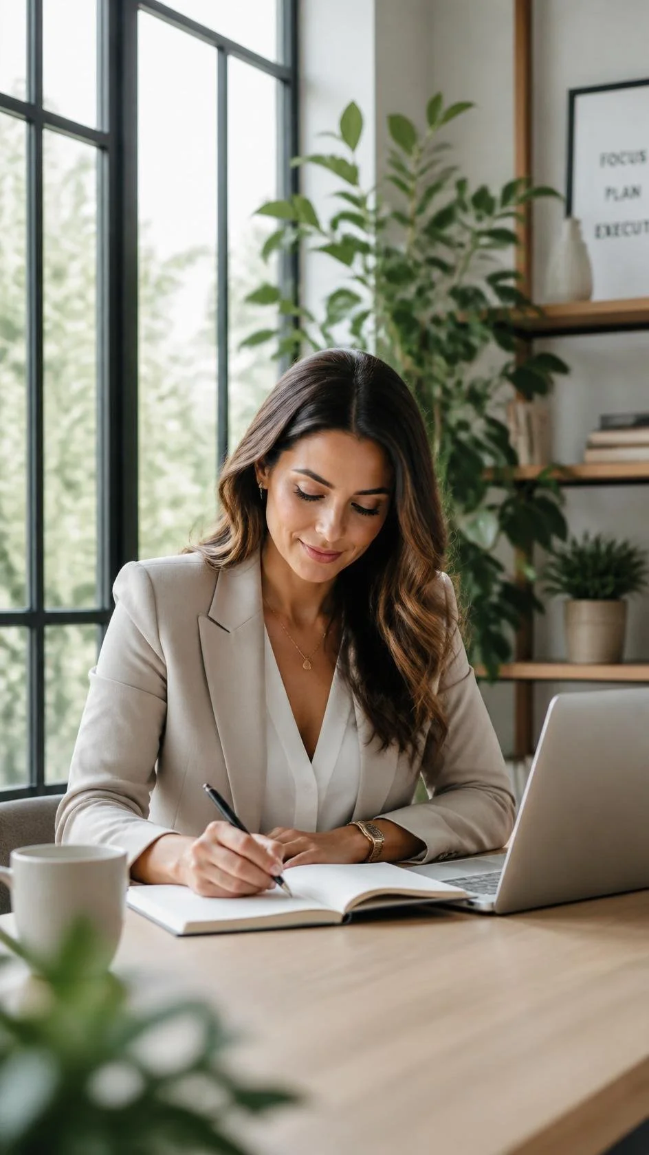 A woman in a beige blazer writing in a notebook at a desk with a laptop, mug, and indoor plants in a bright office.