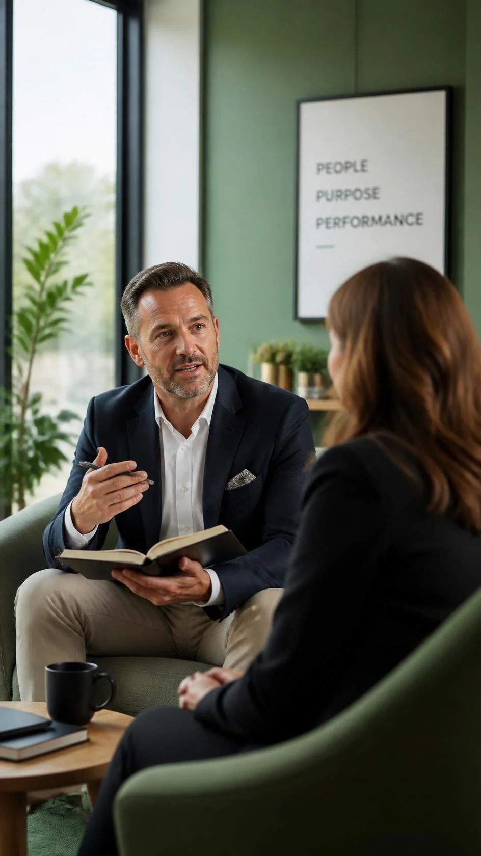 A man and a woman engaged in a conversation in a modern office or meeting room, with a window, green wall, and a framed poster that reads 'People Purpose Performance' visible in the background.