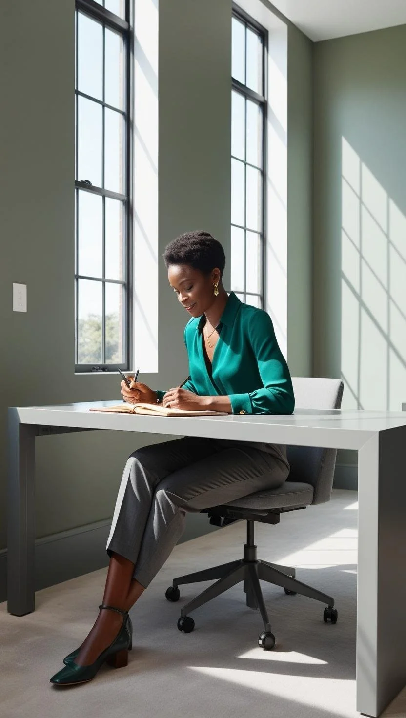 A woman sitting at a white desk in an office space, writing in a notebook, with large windows letting in natural light, dressed in a teal blouse and gray pants.