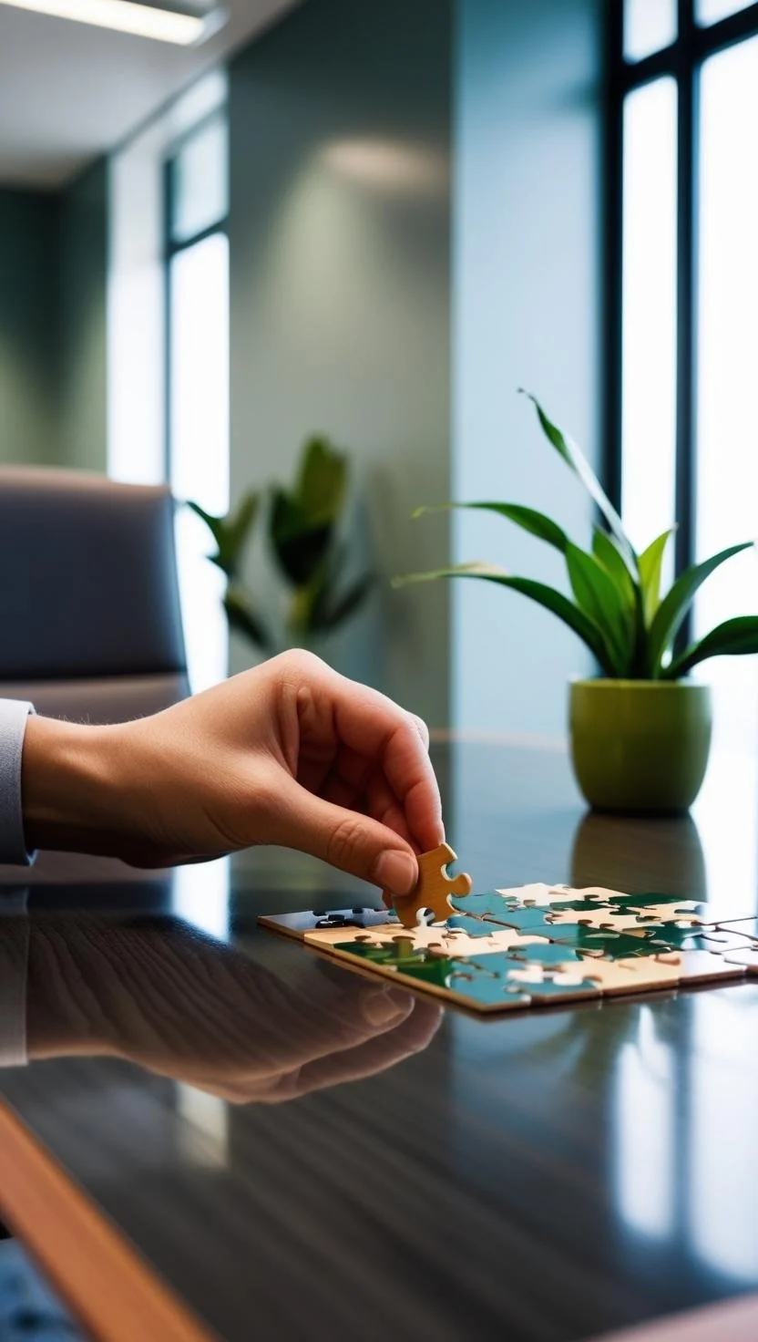 Close-up of a person assembling a puzzle on a reflective black table in a modern office with large windows, green plants, and natural light.