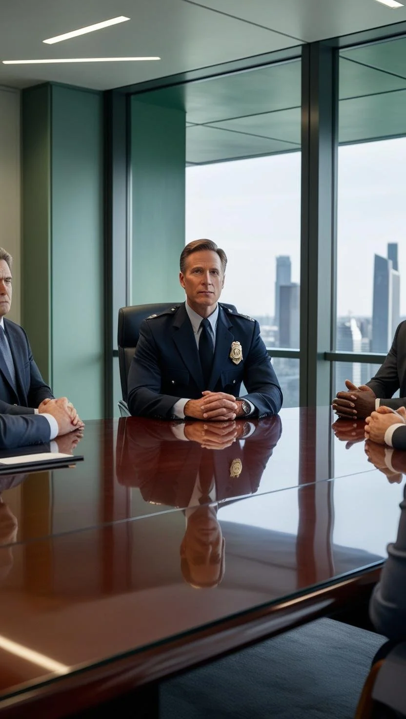 A middle-aged man in a police uniform sitting at a conference table in a modern office with large windows showing a city skyline.