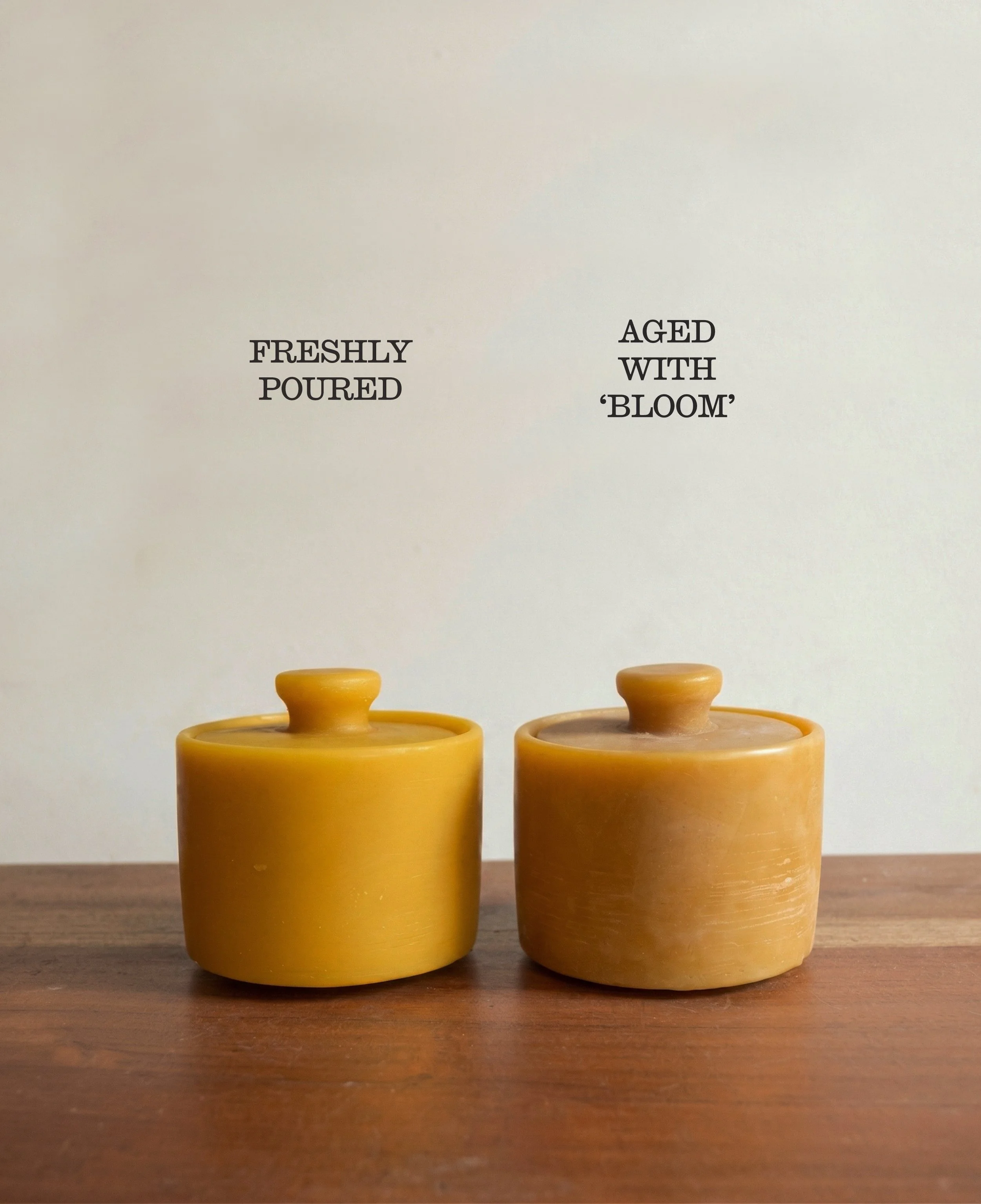 Pure Beeswax Lidded Jars / Box for jewelry, sugar, spices, small treasures. Shown as new and aged with natural bloom. Handmade Honey Vessel. Natural Beeswax Keepsakes.