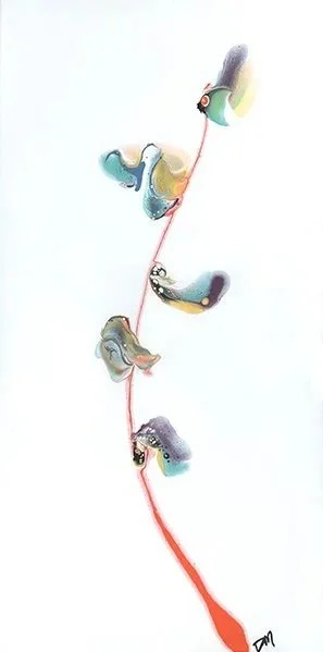 Abstract colorful watercolor painting of a vertical line with five irregularly shaped blobs attached, resembling abstract figures or objects.