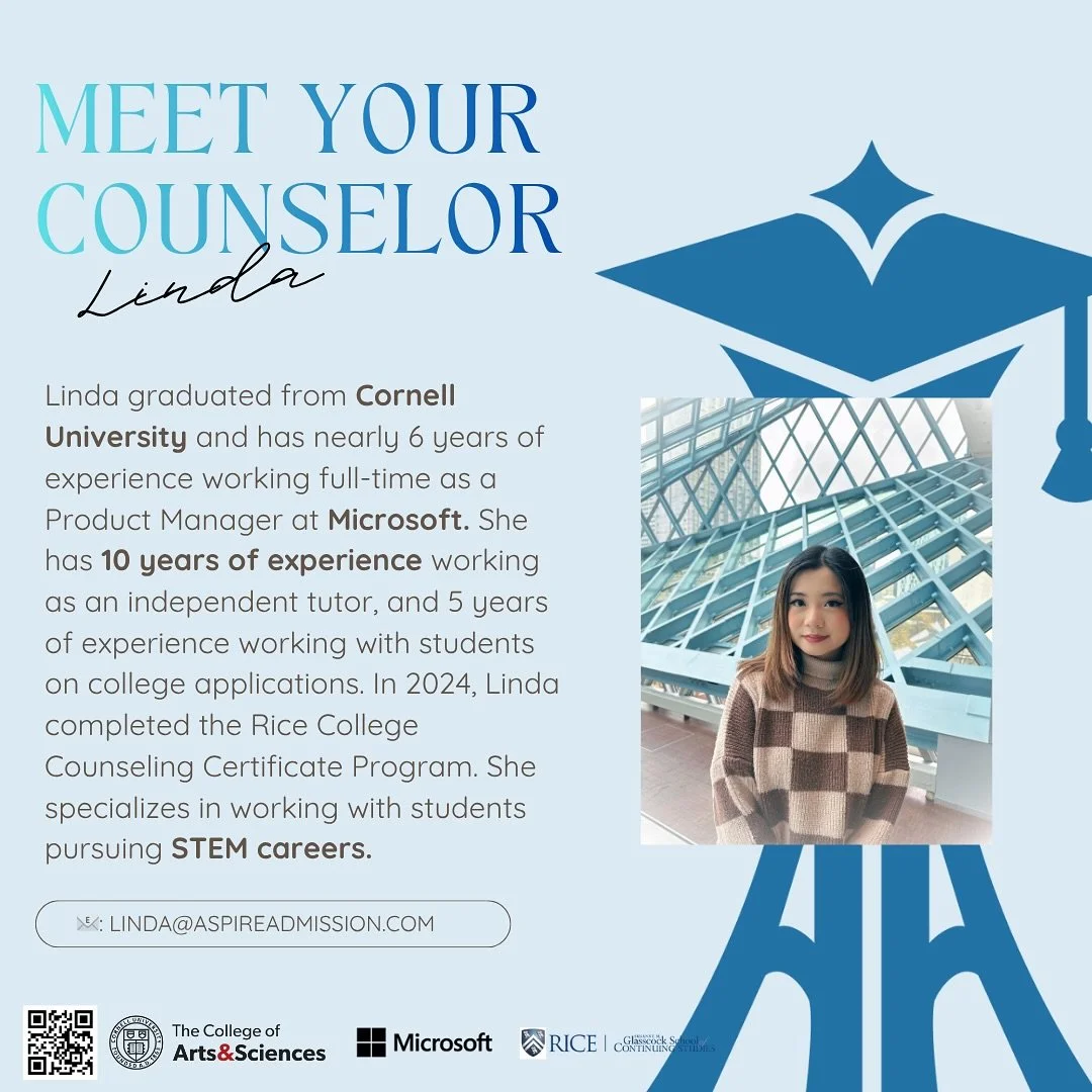 Hi, I&rsquo;m Linda! I&rsquo;m passionate about self-expression, creative writing, promoting equity in higher education, and preparing you for a meaningful life beyond graduation. 

Now booking students for the 2026-2027 application cycle! 💫 

#coll