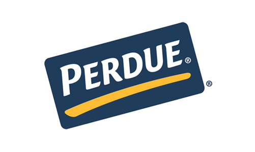 Perdue logo on a tilted blue rectangle with a yellow curved line underneath the text.