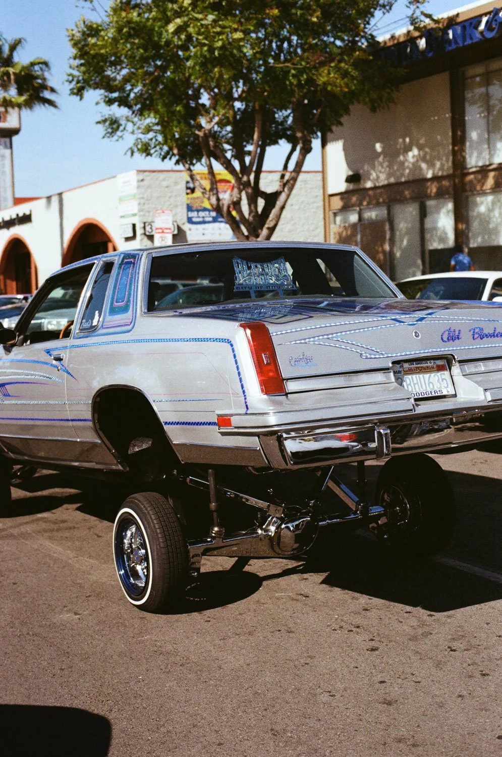 A vintage Chevrolet Caprice limousine with a custom lowrider suspension, chrome accents, and colorful states themed paint job, parked in a strip mall parking lot.