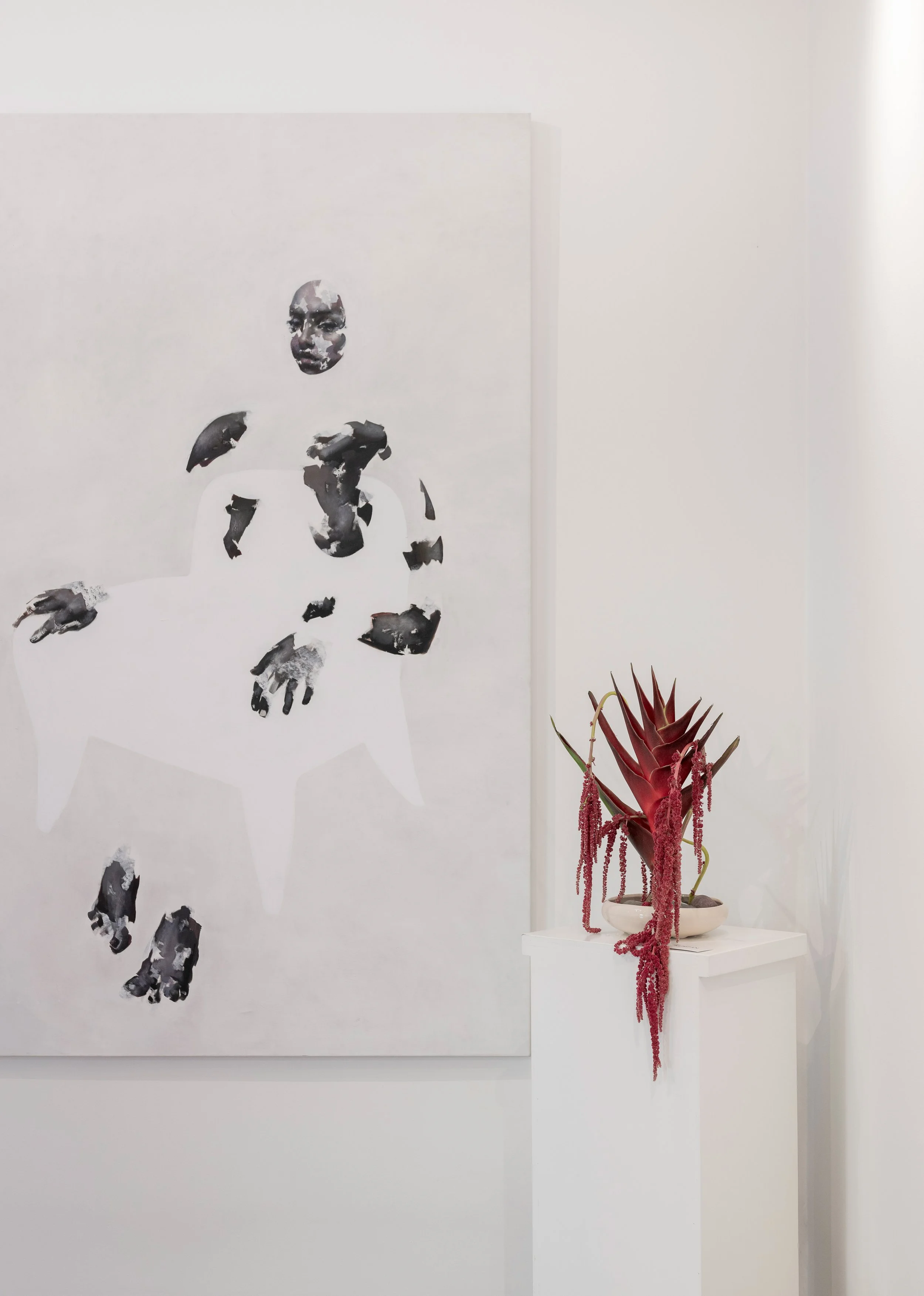 A white wall with a large abstract black-and-white painting of a woman. To the right, a potted plant with long, red, trailing stems and a spiky red flower in a white pot on a small white pedestal.