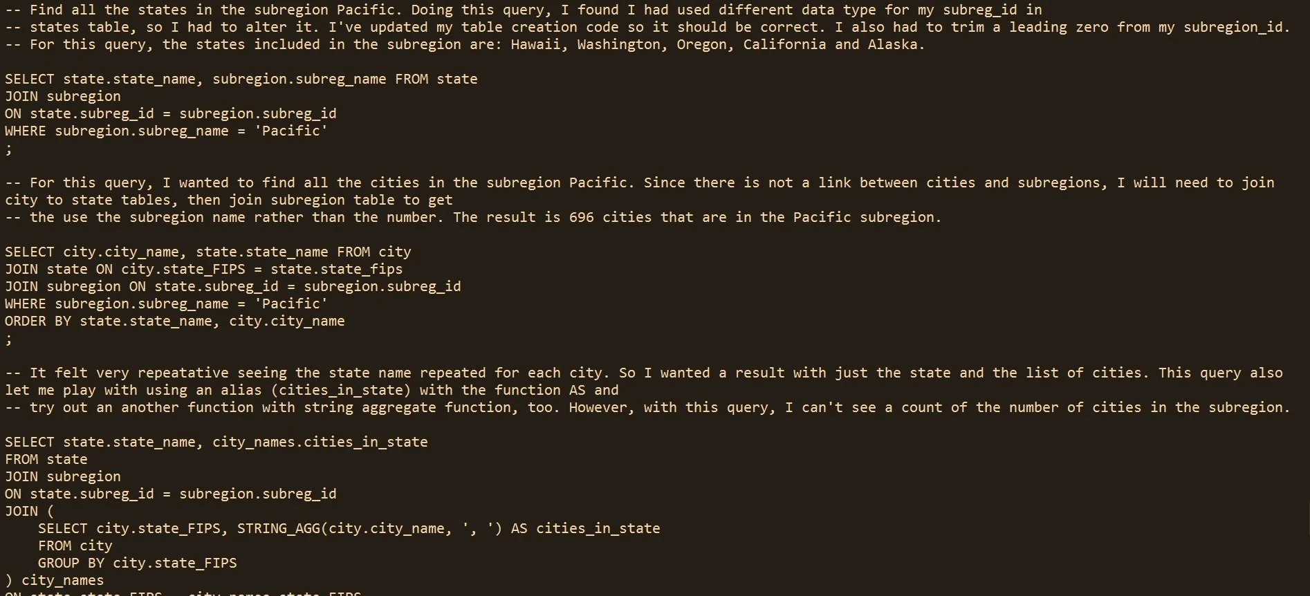 SQL Sample with Query to Determine Cities in Subregion, using an alias for final result