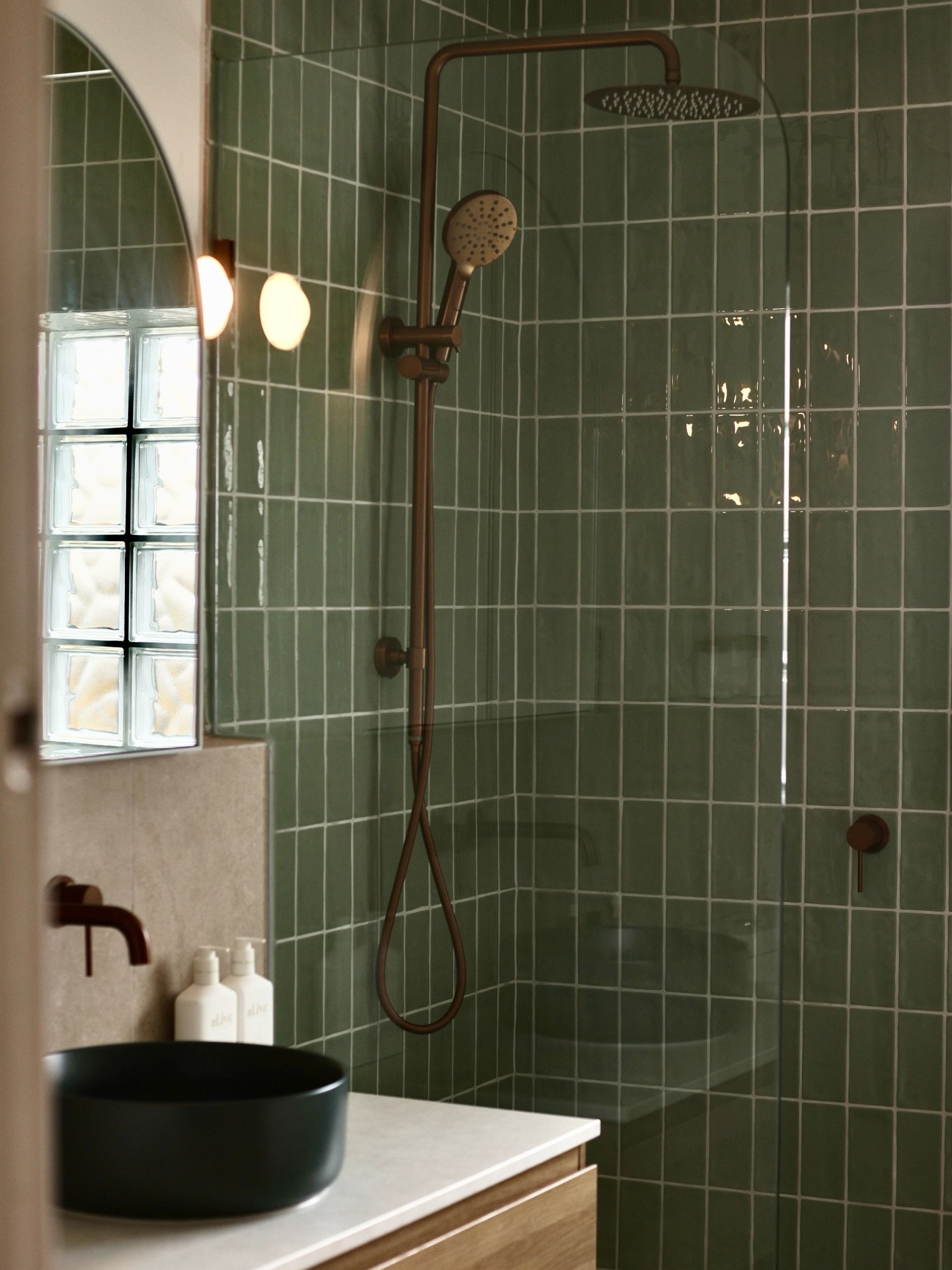 We can&rsquo;t stop thinking about HAZELNUT.

This bathroom was designed as a true sanctuary, a place to slow down and unwind. Earthy tones of brass, timber, and soft greens are illuminated by natural light through the glass bricks and enhanced by st