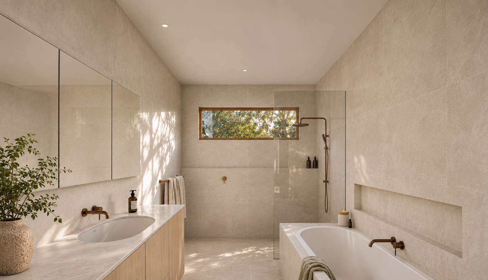 A warm, contemporary bathroom that celebrates natural textures and considered detailing. Timber joinery, softly textured stone-look tiles and brushed bronze fixtures create a calm, timeless space designed for everyday living.

Bathroom interior desig