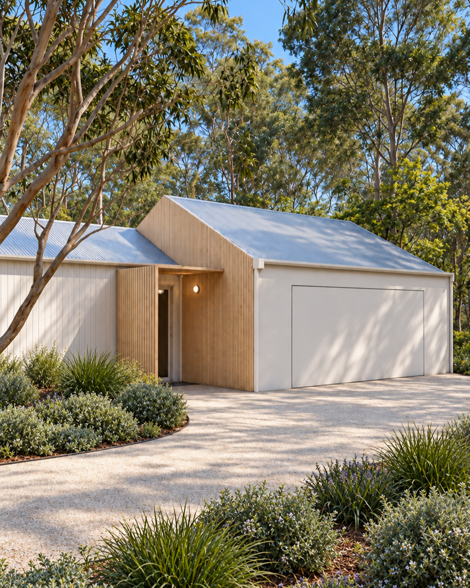 A contemporary Australian home featuring warm timber batten cladding, crisp white exterior finishes and a welcoming covered entrance. Simple gabled rooflines and a soft natural palette connect the home to its surrounding landscape. MESH Design Studio