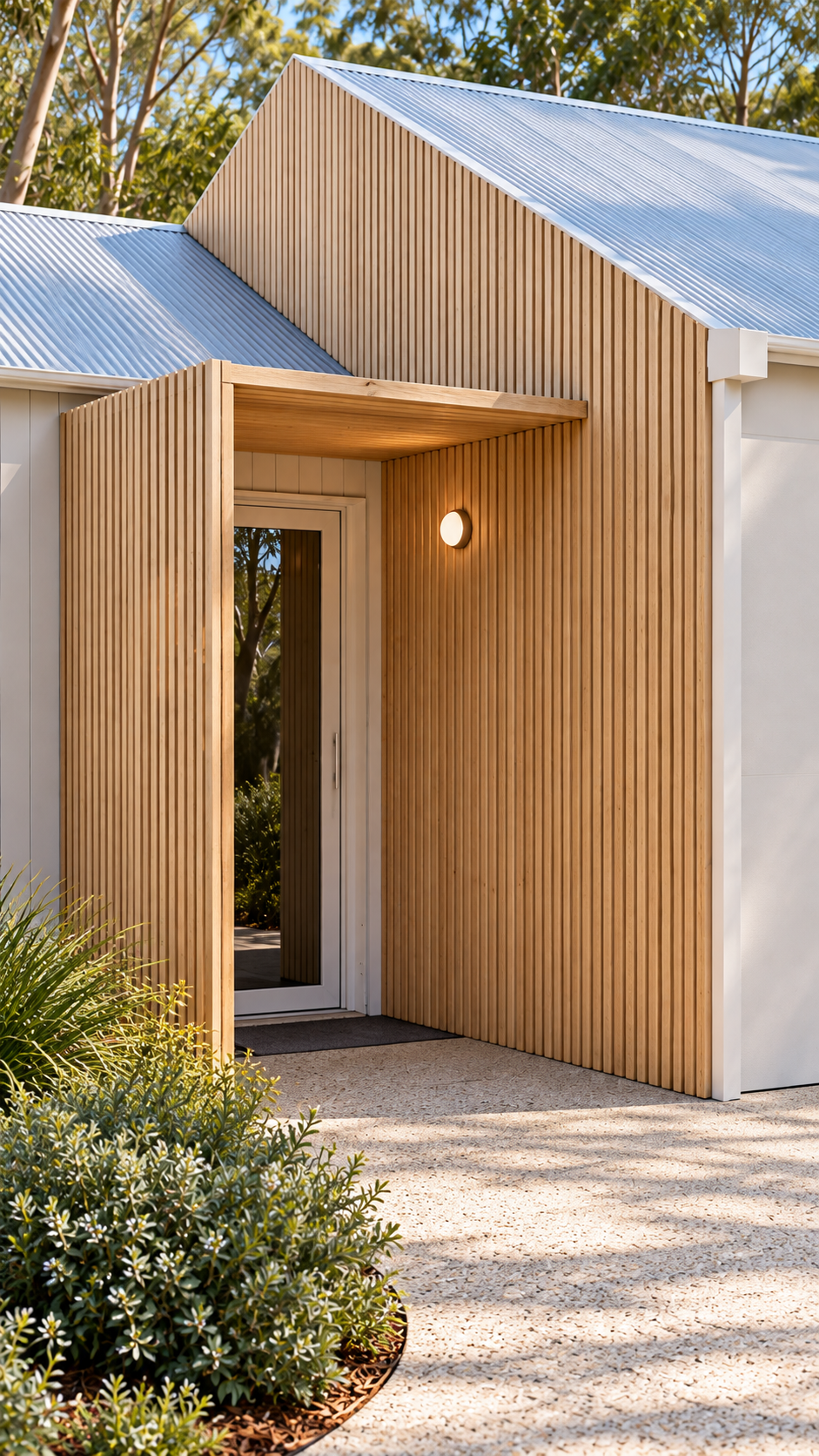 A welcoming contemporary entrance featuring natural timber batten cladding, a sheltered canopy and softly illuminated entry lighting. Vertical timber detailing adds warmth and texture against crisp white exterior finishes, while exposed aggregate pav