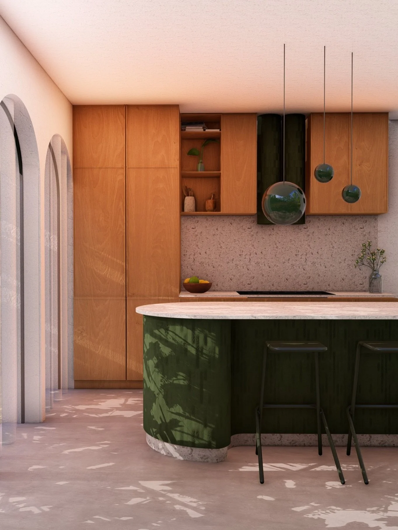 Modern kitchen with green island, wooden cabinets, arched windows, and pendant lights.