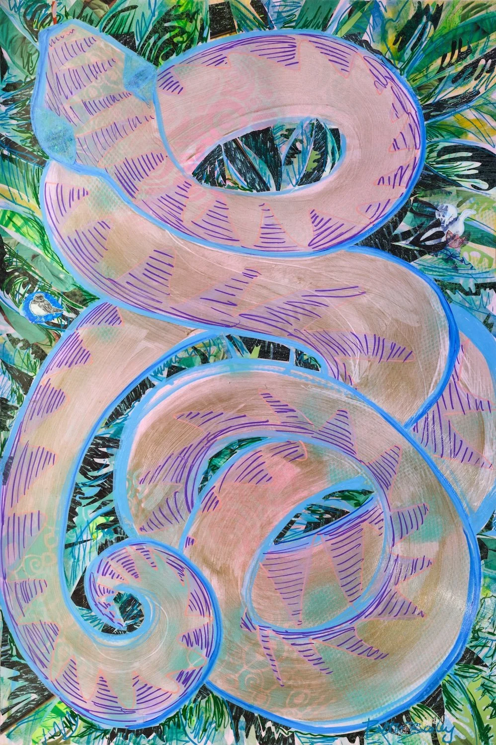 xplore Canopy Dreaming Part Two by Beth Bailey. A vibrant neon snake painting featuring layered National Geographic collage. Available as original or prints.