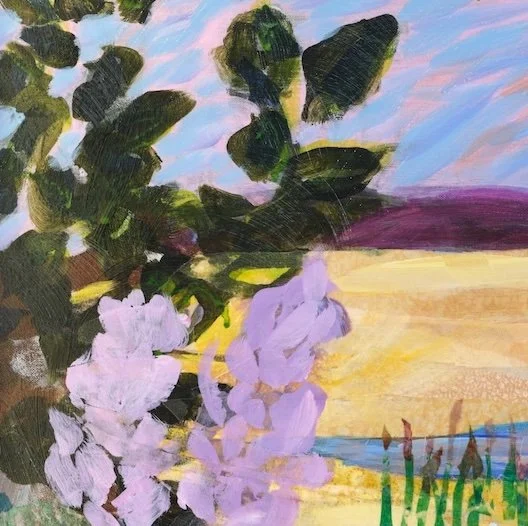 Mixed media coastal landscape painting titled A Second Glance depicting a vibrant beach path layered with acrylic paint markers and vintage collage elements.