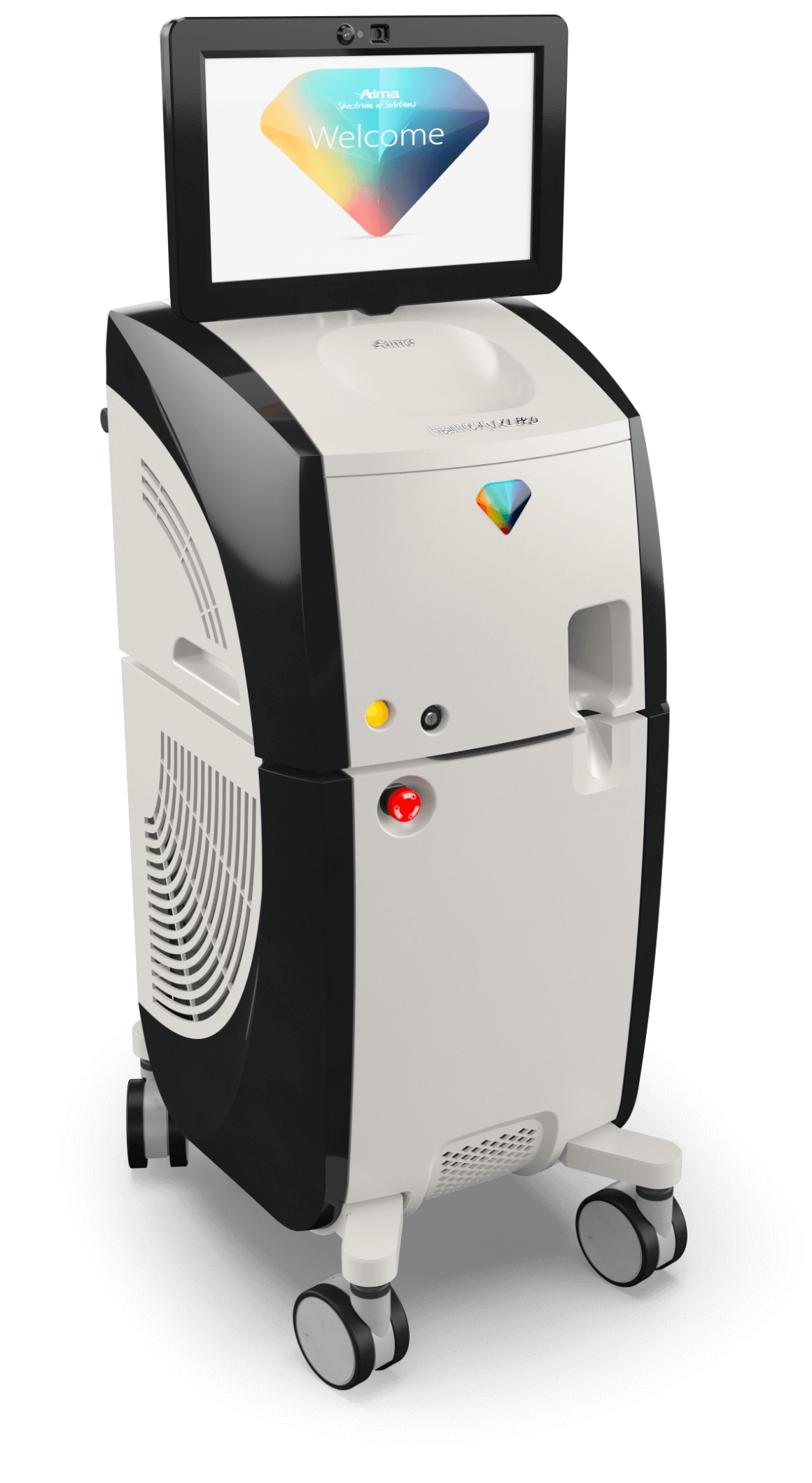 A medical laser device on wheels with a touchscreen display showing a colorful diamond shape and the word 'Welcome'.