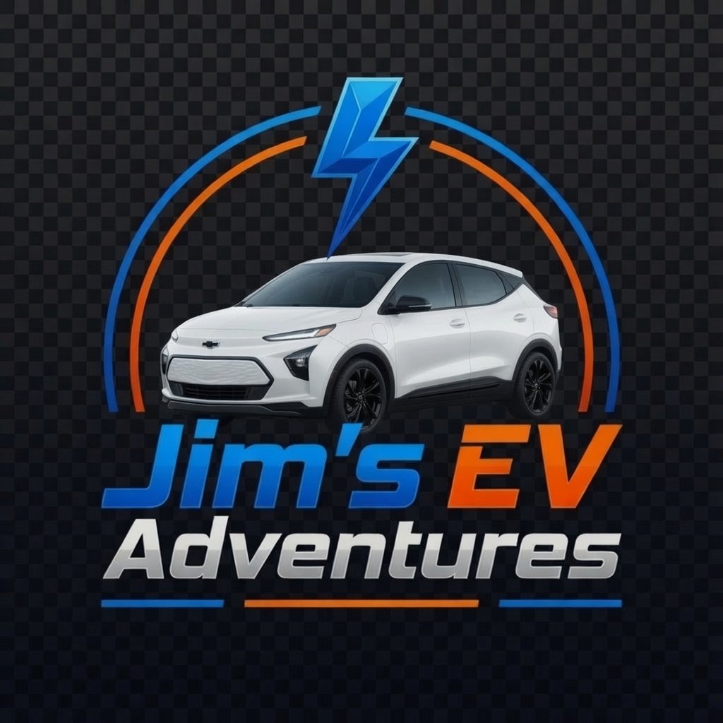 A logo for Jim's EV Adventures featuring a white electric vehicle with a lightning bolt above it, surrounded by blue and orange curved lines, with the text "Jim's EV Adventures" in blue, orange, and gray.