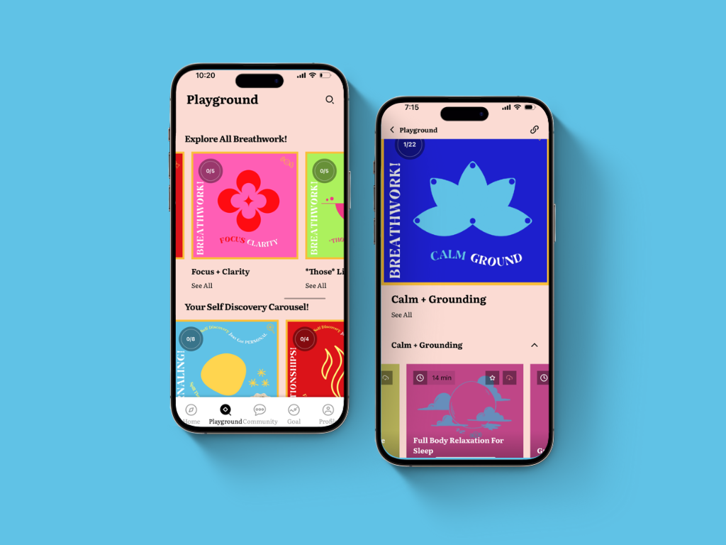Two iPhones: one shows the ‘Explore All Breathwork’ screen with Focus and Clarity; the other shows Calm and Ground flow