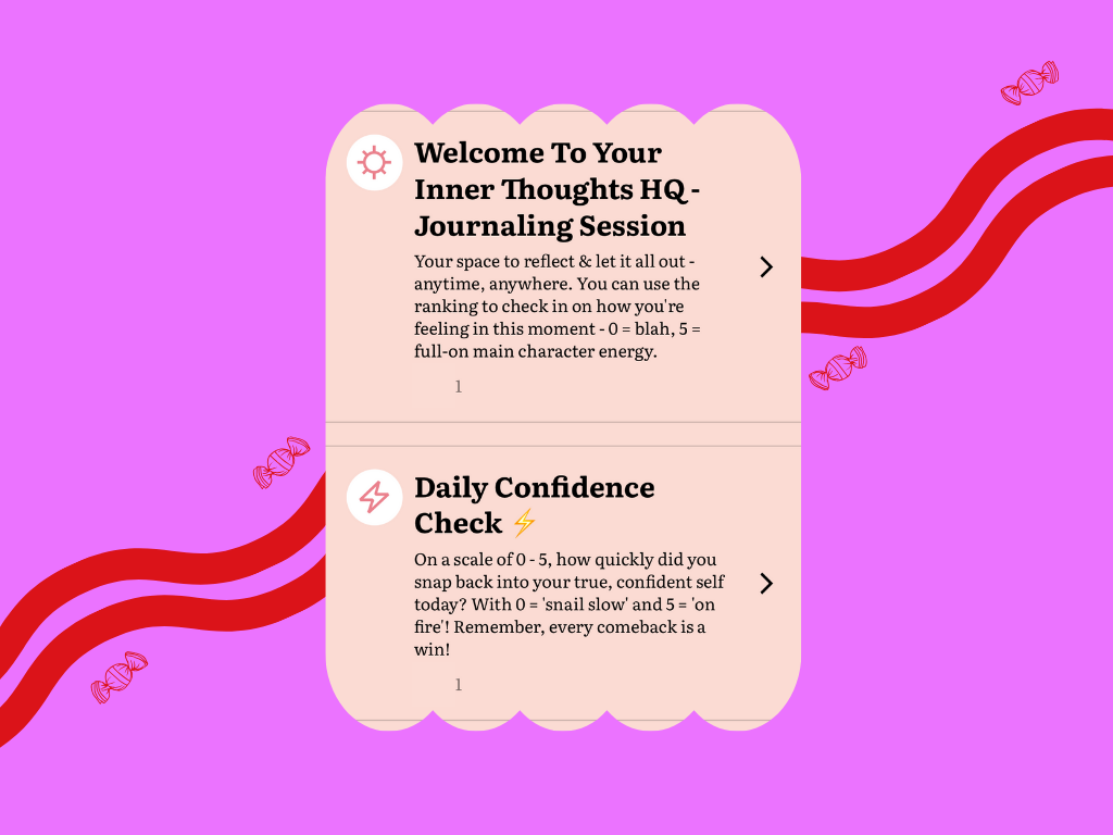App screenshot showing the goal tracking section with ‘Inner Thoughts HQ’ journaling and a ‘Daily Confidence Check’ prompt