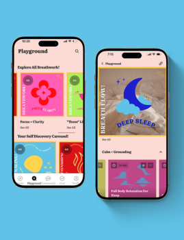Two iPhones: one shows the ‘Explore All Breathwork’ screen with Focus and Clarity; the other shows Calm and Ground flow
