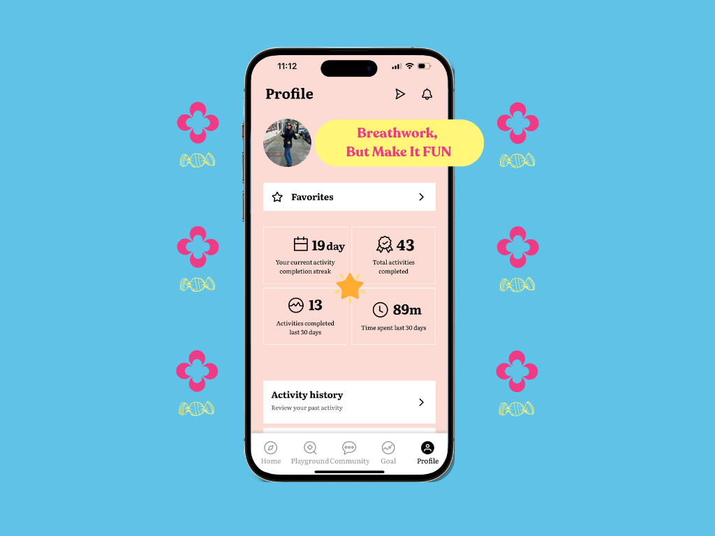iPhone screen showing the profile section with app streaks and time spent. Text overlay reads: ‘Breathwork but make it fun'.