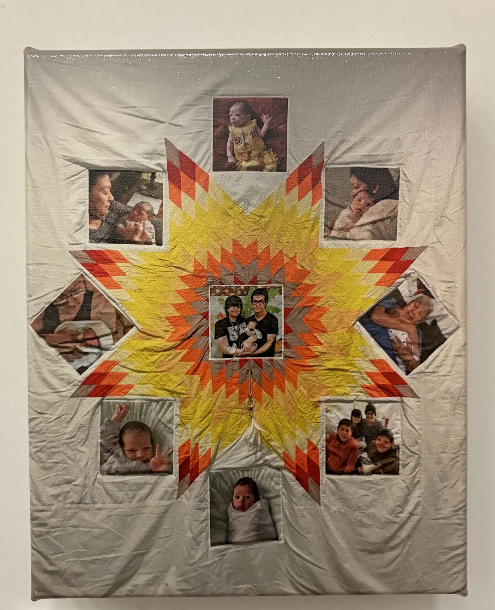 Miigwaans, Little Feather Mercedes Sandy with Mary Louise Meiers, FOUR GENERATIONS, 2018, Antique hand stitched quilt with photo transfer, dreamcatcher–leather, beads, feathers, 76” x 61”