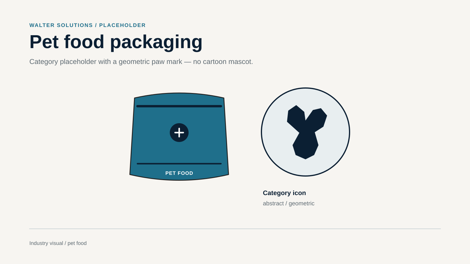 Stand-up pouch beside an abstract geometric pet-food paw icon