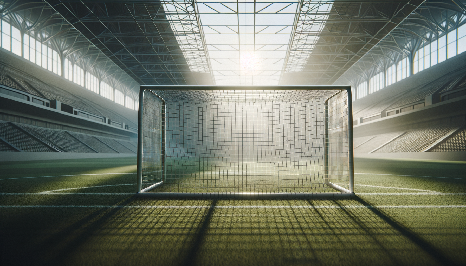 Empty soccer goal on a field inside a large, sunlit stadium with empty seating and a high arched roof.