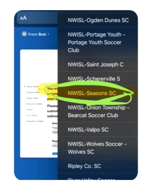 Screenshot of a mobile app or website showing a list of soccer teams and leagues, with 'NWISL-Seasons SC' highlighted by a yellow and green arrow.