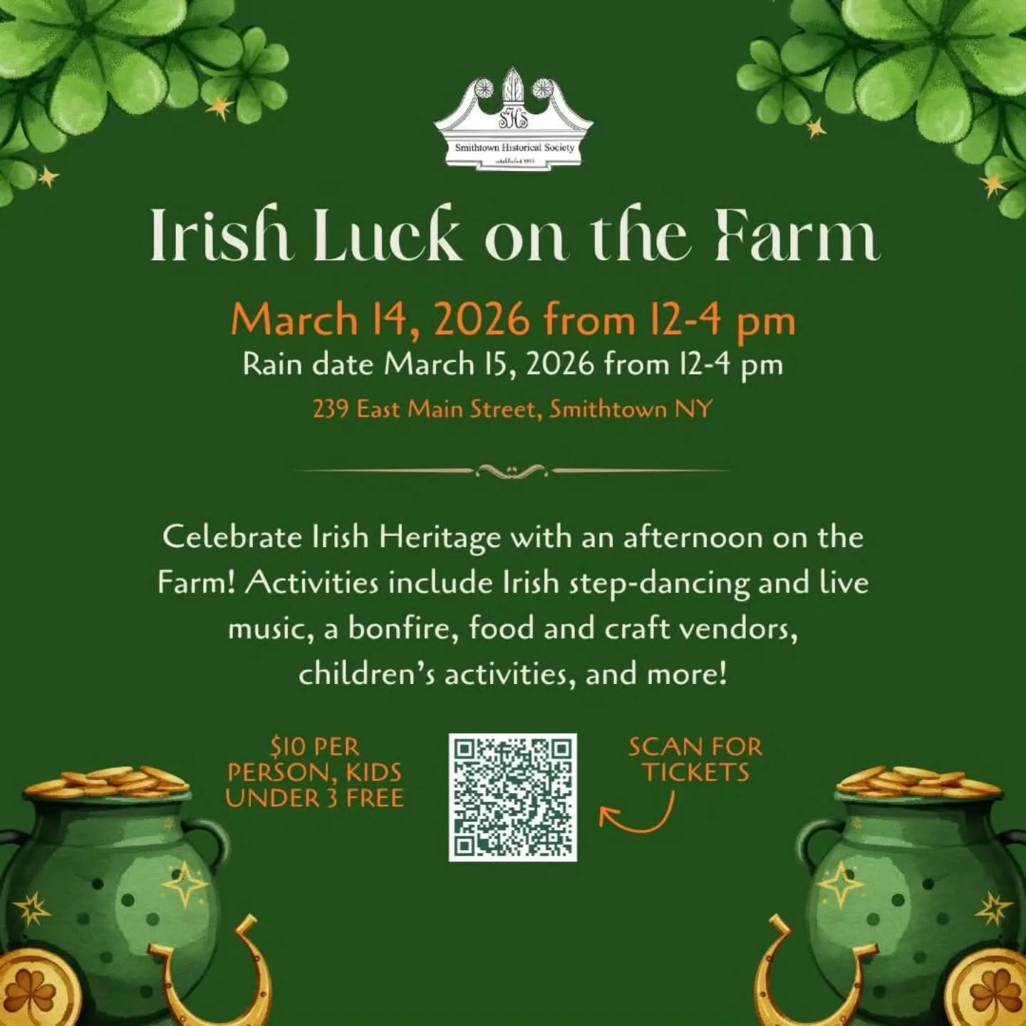 We&rsquo;re kicking off the season at the Smithtown Historical Society for their St. Patrick&rsquo;s Day festivities!
Come celebrate with us, enjoy the holiday fun, and spend some time with our sweet animals. It&rsquo;s the perfect way to welcome spr