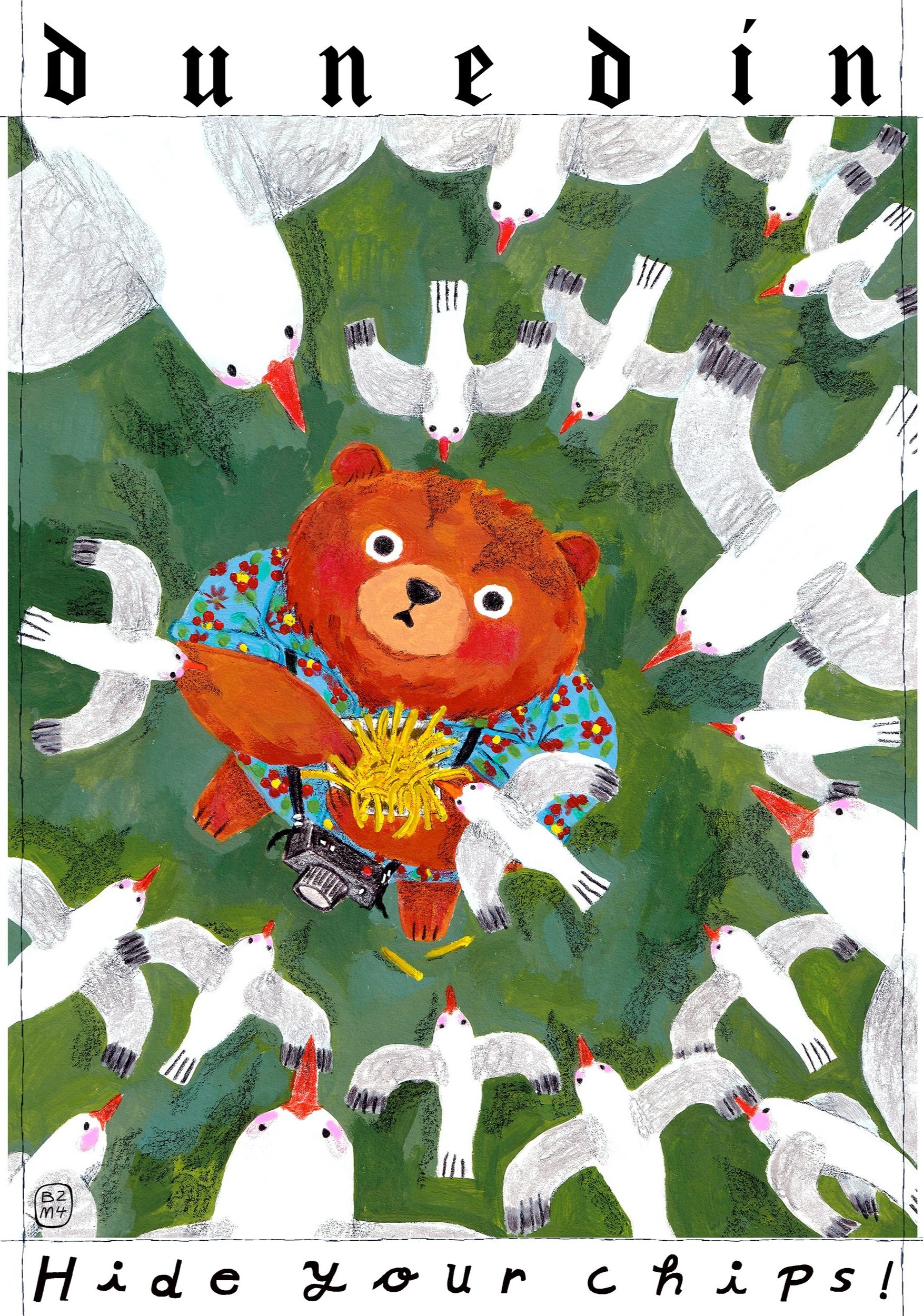 Illustration of a frightened bear looking up as a swarm of seagulls swoops down towards him. He holds a bag of chips, with the text 'Dunedin – Hide your chips' in the artwork