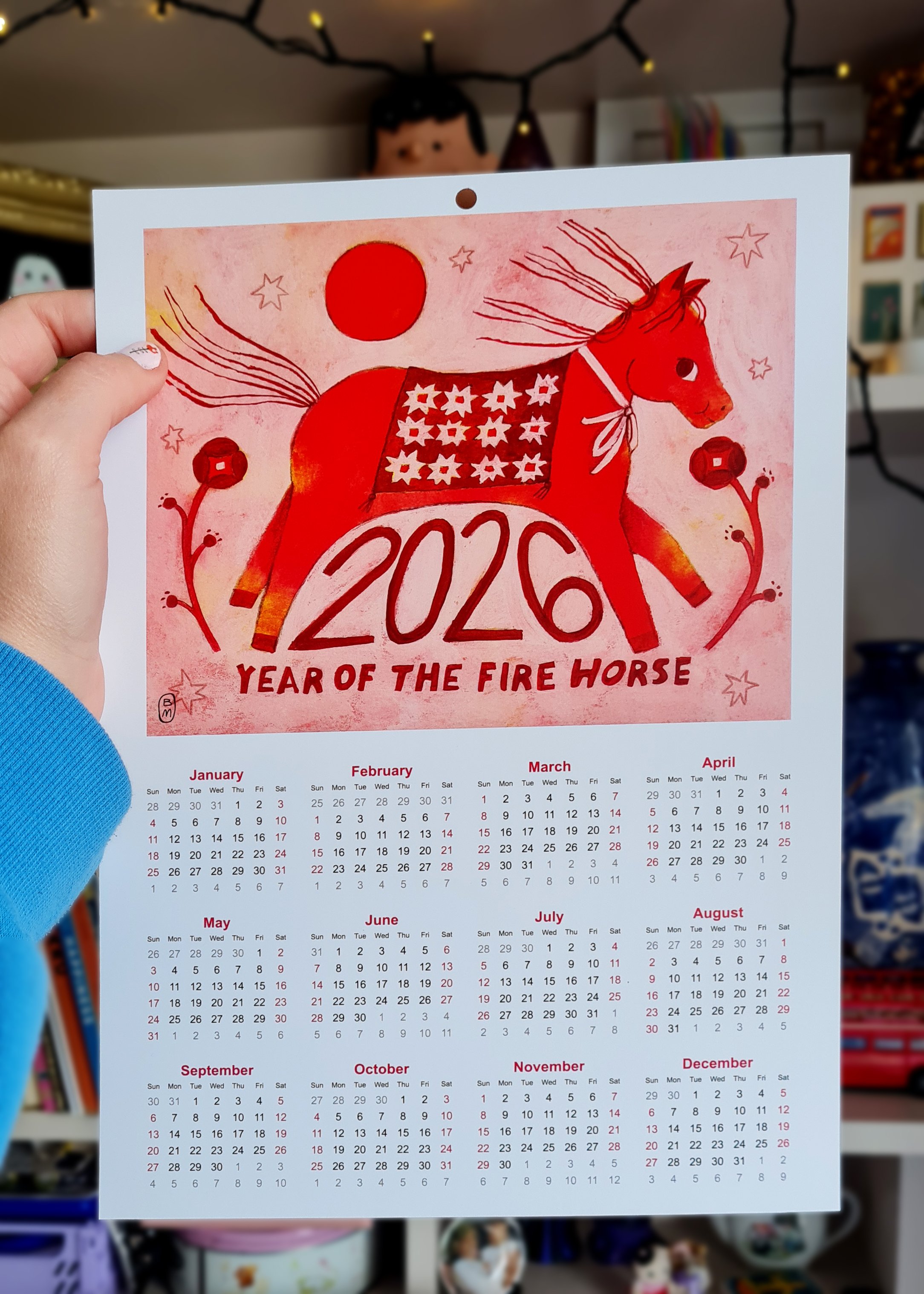 Illustrated 2026 calendar featuring the Year of the Fire Horse. A symbolic, artful wall calendar perfect for Lunar New Year and thoughtful gifting.