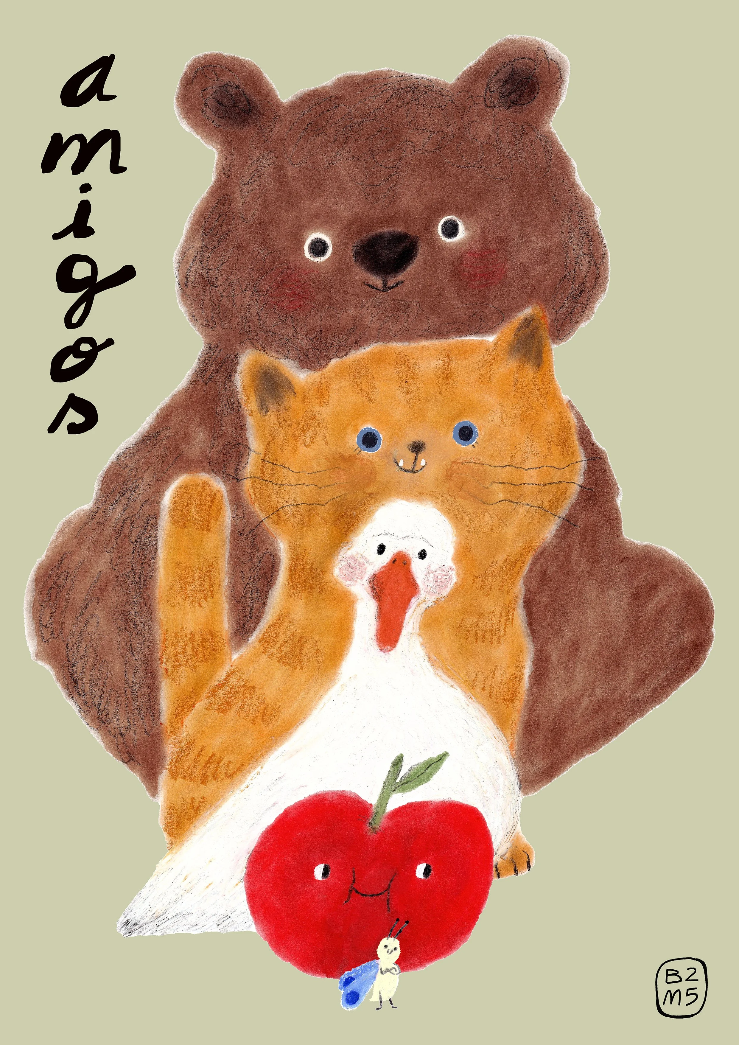 Hand-painted “Amigos” of a bear, cat, goose, red apple and a small butterfly — Terry, Harry, Garry, Carrie & Theodore.