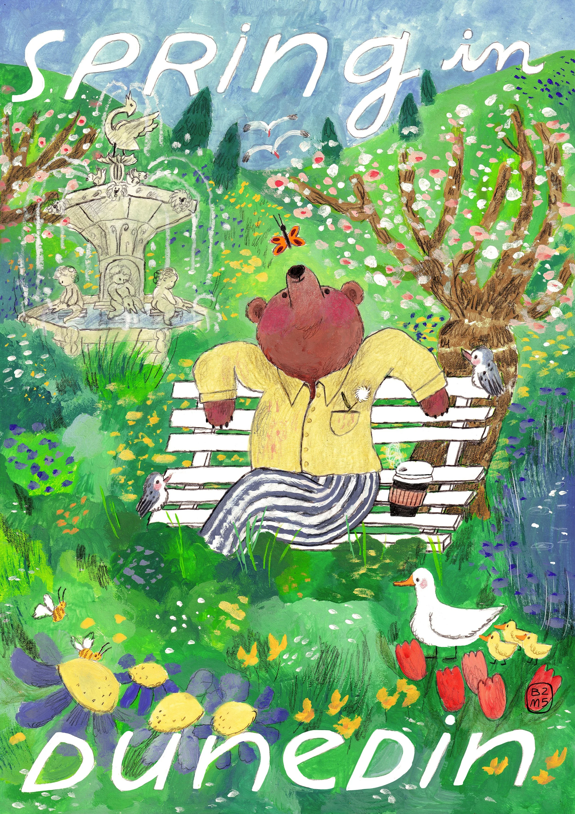 Bear sitting on a bench in the Botanical Gardens soaking up the sun while seagulls, birds and ducks flight about with flowers and blossom trees