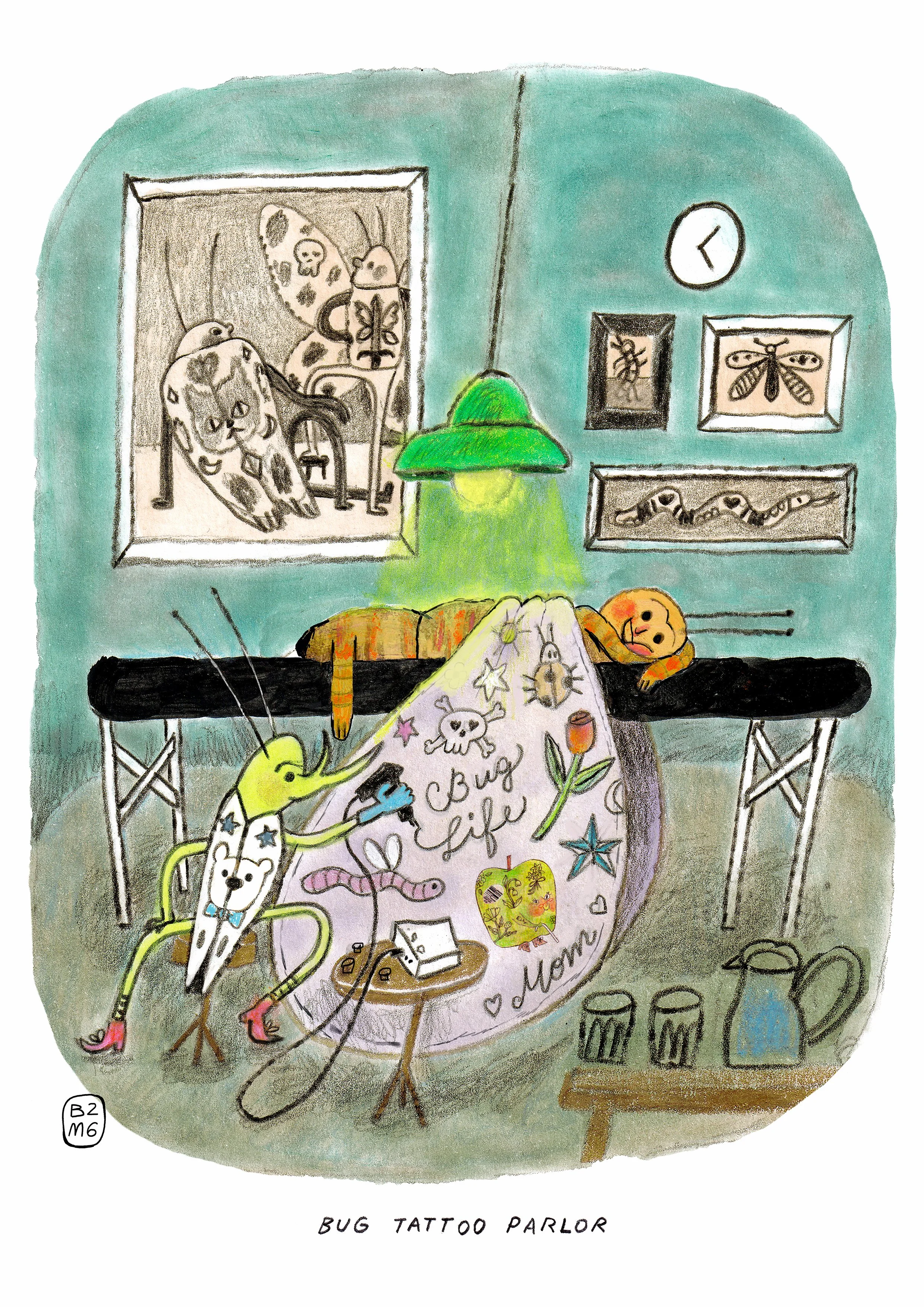 Whimsical bug tattoo parlor illustration featuring insects in a tattoo studio, watercolor art print by Bear With Tattoo.