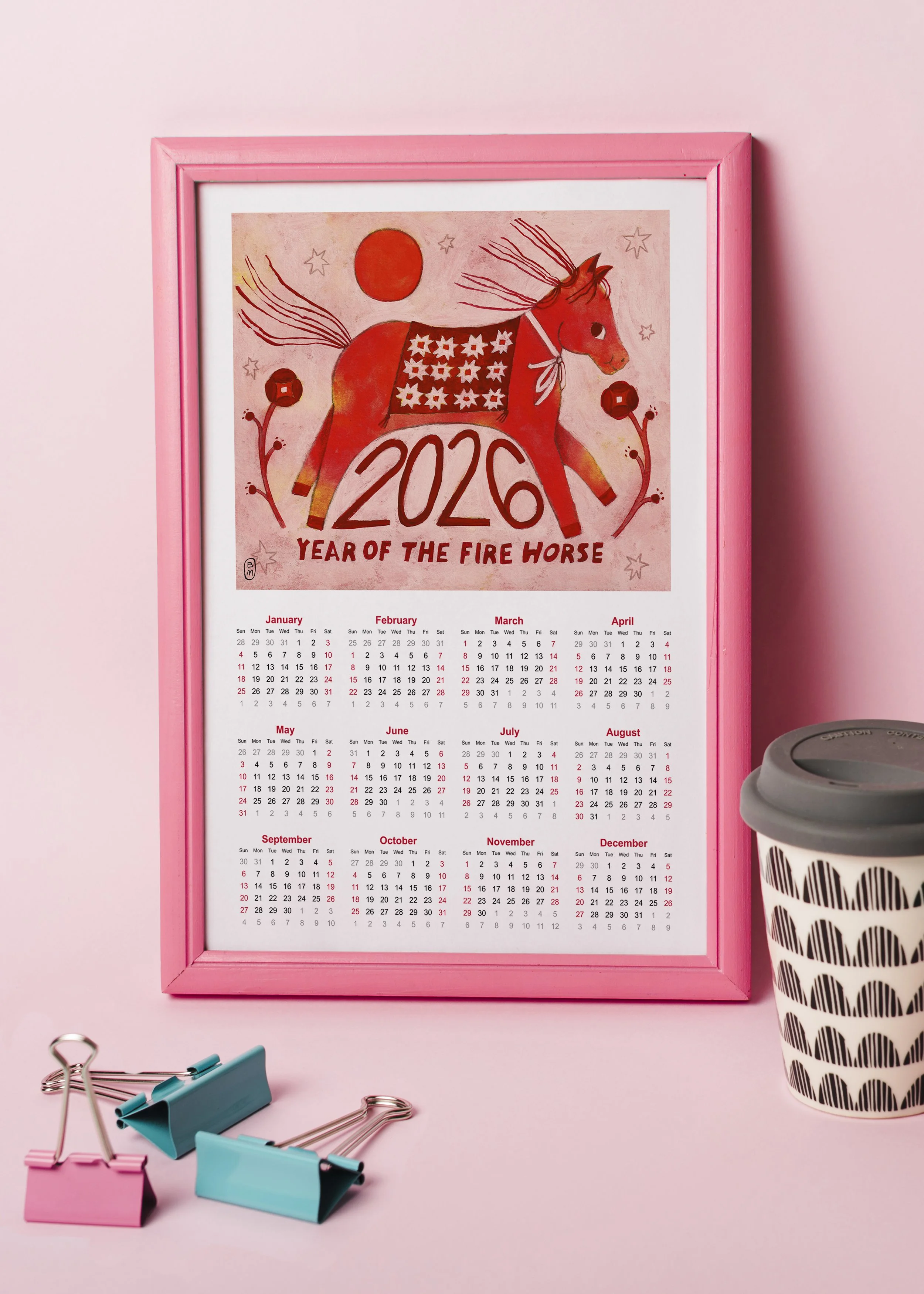Illustrated 2026 calendar featuring the Year of the Fire Horse. A symbolic, artful wall calendar perfect for Lunar New Year and thoughtful gifting.