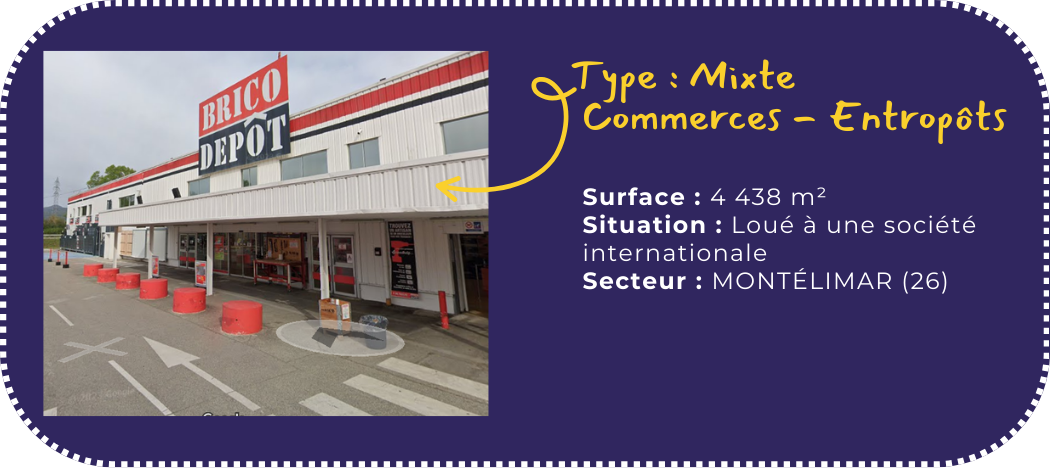 Vue extérieure d'un entrepôt de type mixte (commerces et entrepôts), avec un grand panneau BRICO DEPOT en haut. L'entrepôt est loué à une société internationale, situé à Montélimar, avec une surface de 4 438 m².
