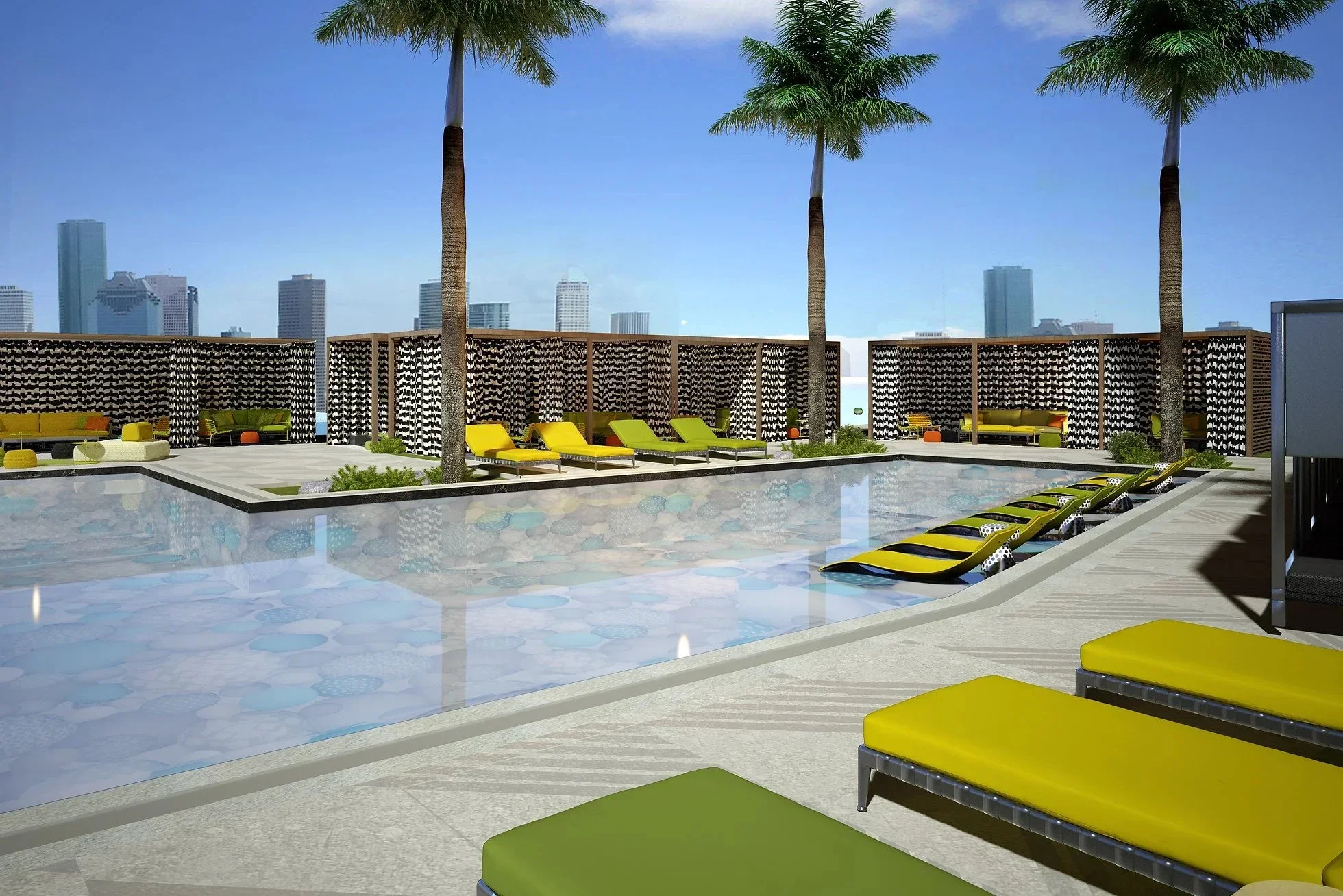 Hotel terrace and outdoor lounge designed for hospitality use with layered seating, planters and modern resort-style detailing