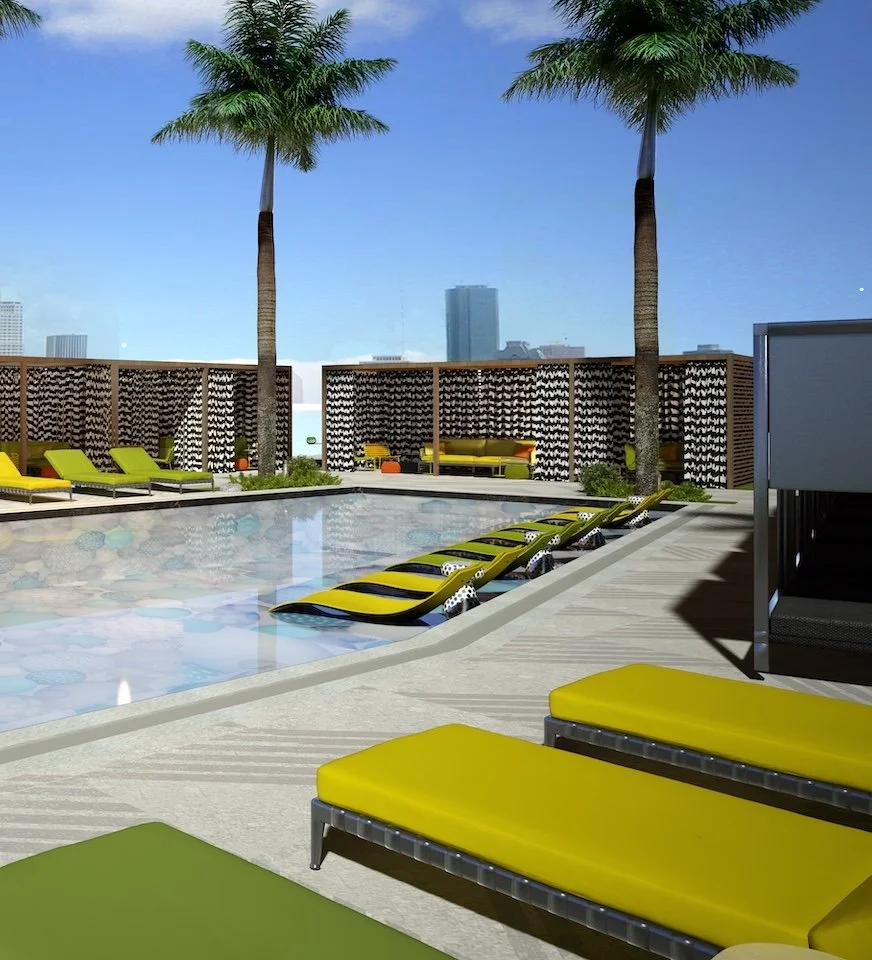 Houston commercial interior design for Thompson Hotel's rooftop pool, with cabanas, loungers and skyline views.