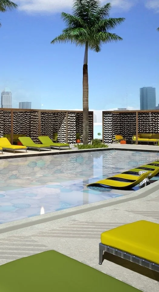 Commercial interior design Houston rooftop pool concept for Thompson Hotel, with lime loungers and skyline views.