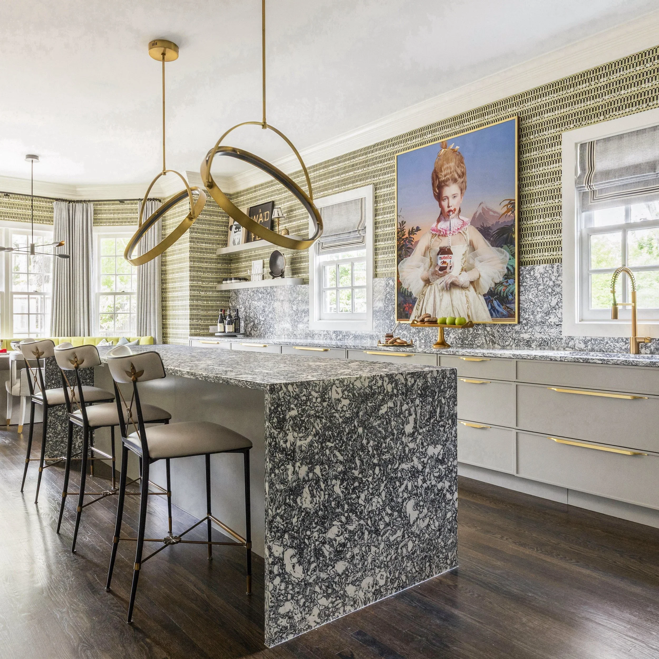 Luxury kitchen design in Bunker Hill Houston with bespoke marble island and brass pendant lighting